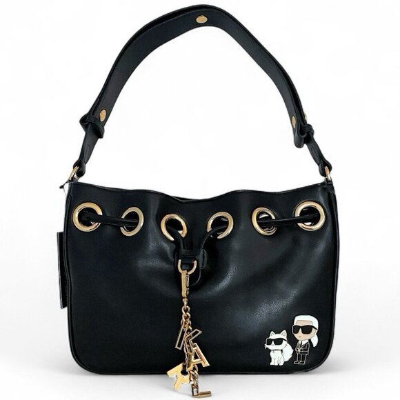 Karl Lagerfeld Black Leather Desiree Bag w/ Karl Purse Charm & Choupette Cat NWT - Picture 6 of 13